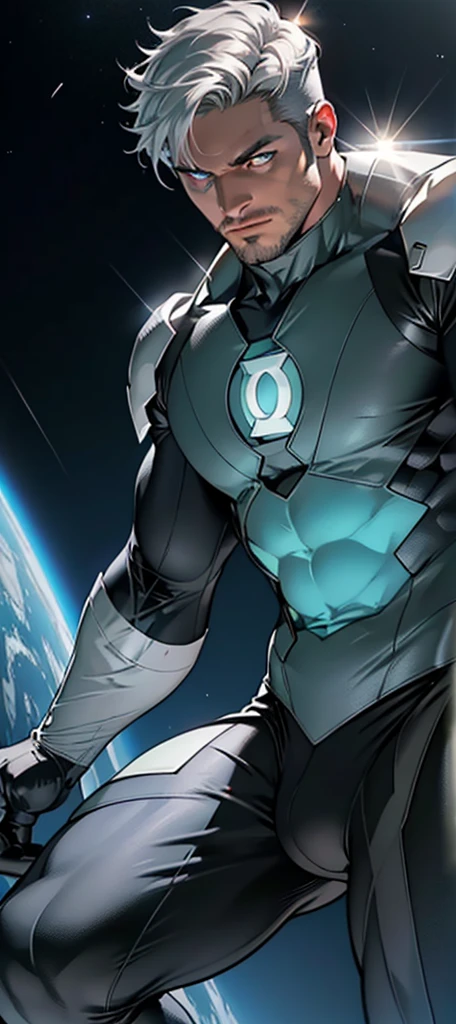 An award-winning original photo, A wild muscular man, (30 years old man:1.3), 1boy, Solo, (wearing a (silver lantern) metal suit), (glowing silver ring on a finger), spikes, neon stripes, white hair, (big shoulder), muscular, hunk, stubbles, Short beard, (Detailed face:1.3), (beautiful eyes:1.2), Dynamic Angle, volumetric lighting, (Best quality, A high resolution, Photorealistic), Cinematic lighting, Masterpiece, RAW photo, Intricate details, hdr, depth of field, knee-up shot, in space background, beautiful cosmos, energy strands around body