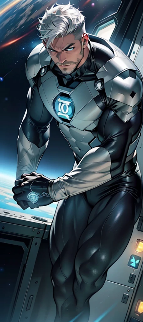 An award-winning original photo, A wild muscular man, (30 years old man:1.3), 1boy, Solo, (wearing a (silver lantern) metal suit), (glowing silver ring on a finger), spikes, neon stripes, white hair, (big shoulder), muscular, hunk, stubbles, Short beard, (Detailed face:1.3), (beautiful eyes:1.2), Dynamic Angle, volumetric lighting, (Best quality, A high resolution, Photorealistic), Cinematic lighting, Masterpiece, RAW photo, Intricate details, hdr, depth of field, knee-up shot, in space background, beautiful cosmos, energy strands around body