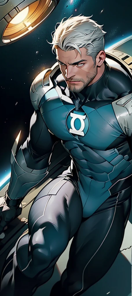 An award-winning original photo, A wild muscular man, (30 years old man:1.3), 1boy, Solo, (wearing a (silver lantern) metal suit), (glowing silver ring on a finger), spikes, neon stripes, white hair, (big shoulder), muscular, hunk, stubbles, Short beard, (Detailed face:1.3), (beautiful eyes:1.2), Dynamic Angle, volumetric lighting, (Best quality, A high resolution, Photorealistic), Cinematic lighting, Masterpiece, RAW photo, Intricate details, hdr, depth of field, knee-up shot, in space background, beautiful cosmos, energy strands around body