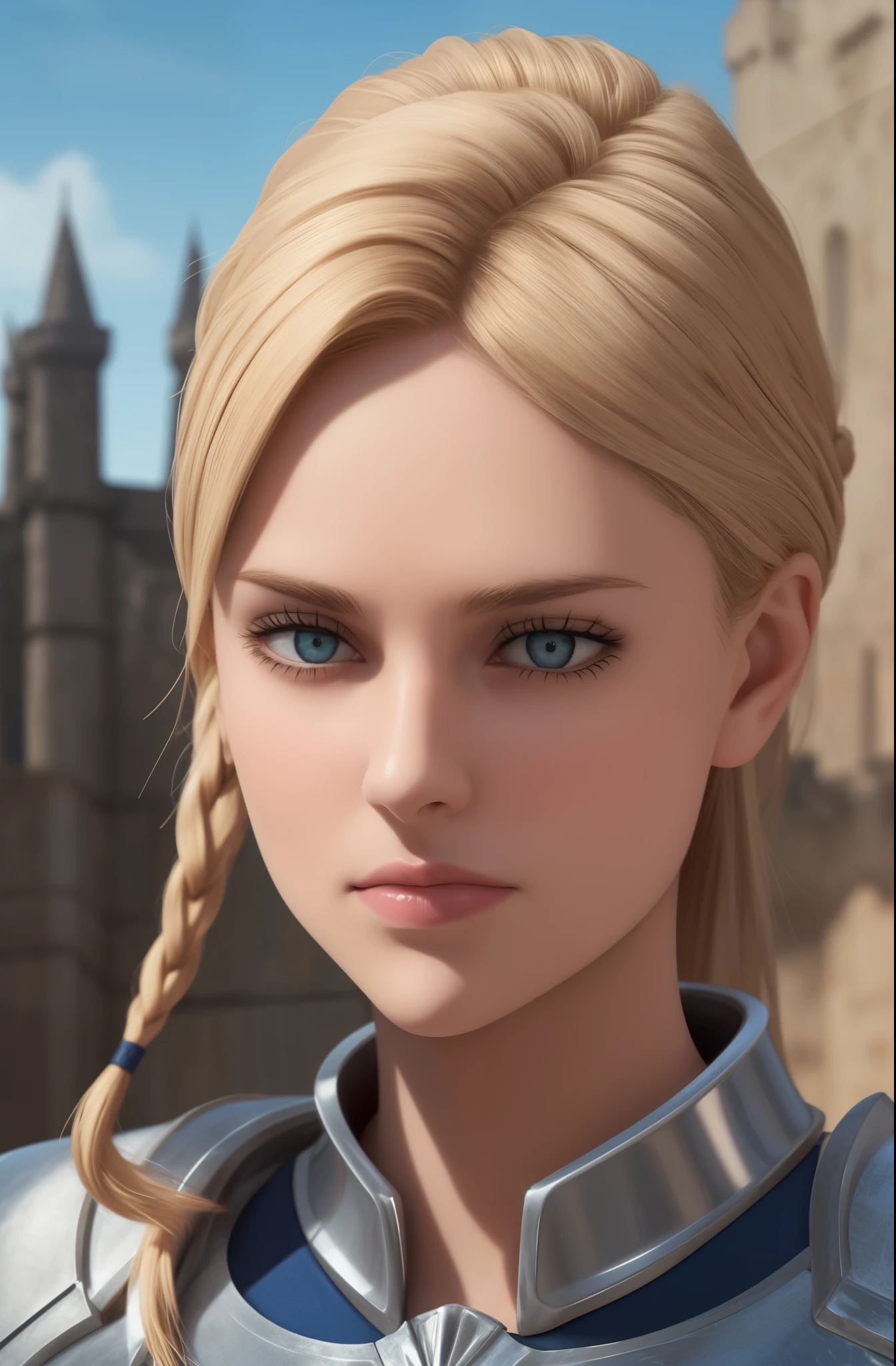 charlotte roselei, wearing blue armor, long blonde french braid, ultra low angle camera, looking at viewer, realism, realistic skin, realistic hair, realistic eyes, skin pores, cinematic, serious, blushing, slender body, blue eyes, castle background, very beautiful face