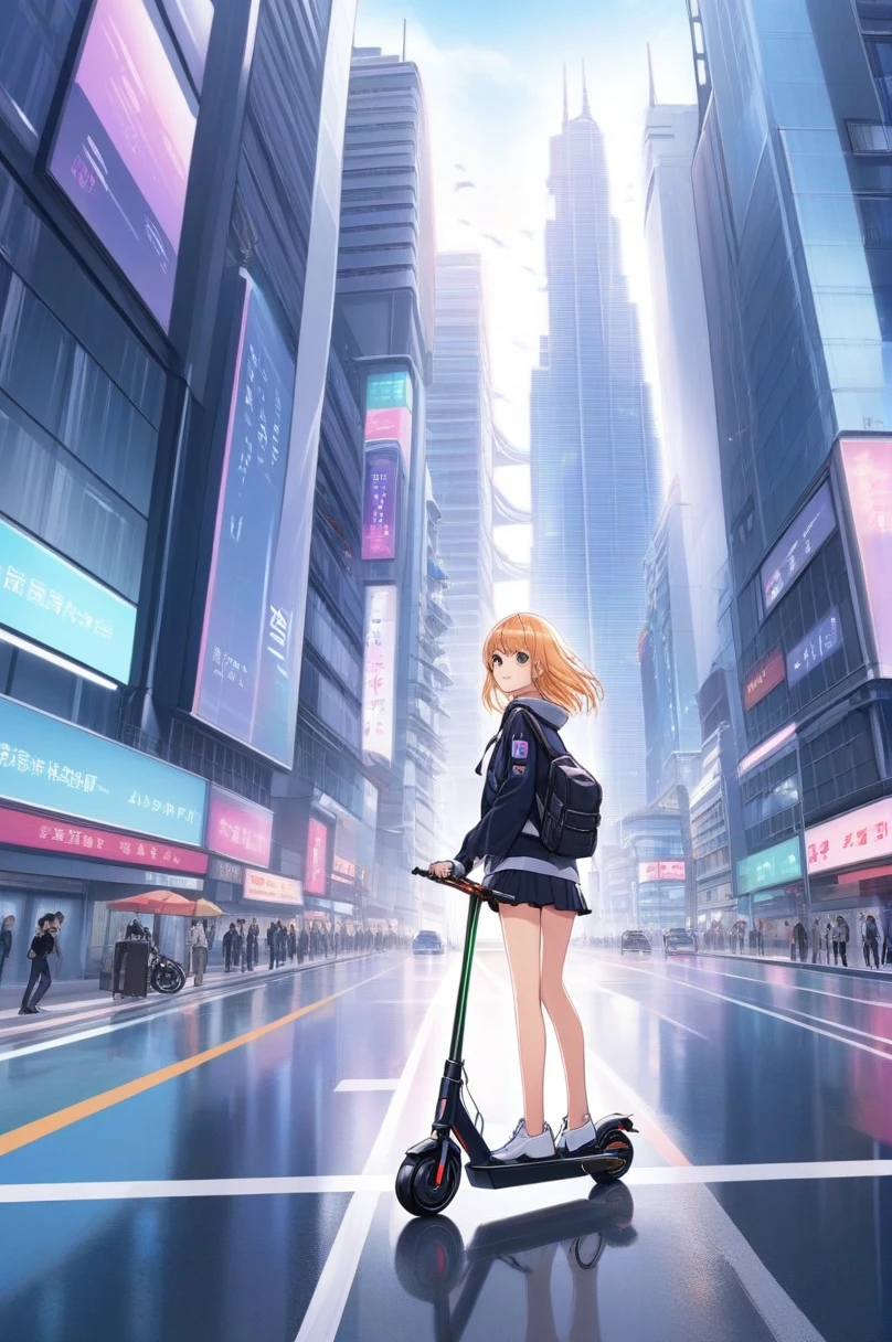 Anime artwork 2D, One man, Electric Kickboard, Are standing, road, Riding an electric scooter down the street . Anime Style, Key Visual, Near future, Studio Anime, Very detailed,Futuristic cityscape with flying cars and colorful skyscrapers