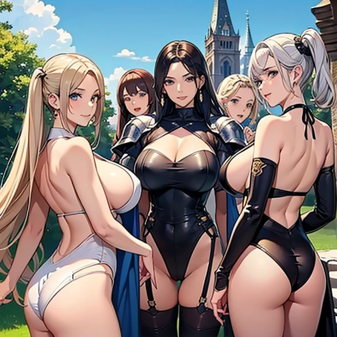 (masterpiece), Highest quality, (Fantasy:1.1), (Five Girls, Group shot:1.4), (The body is slim:1.1), (Huge boobs:1.5), (Dark Skin:1.1), (muscle:1.1), Blonde, Silver Hair, Twin tails, Braiding, amount, (Open your mouth, Smile:1.1), (jewelry, knight armor, Complex leotard with sleeves, Leotard armor, Bikini Armor:1.2), garter belt, Recall, (Back view, Back Focus:1.2), Medieval town, Outdoor, --automatic