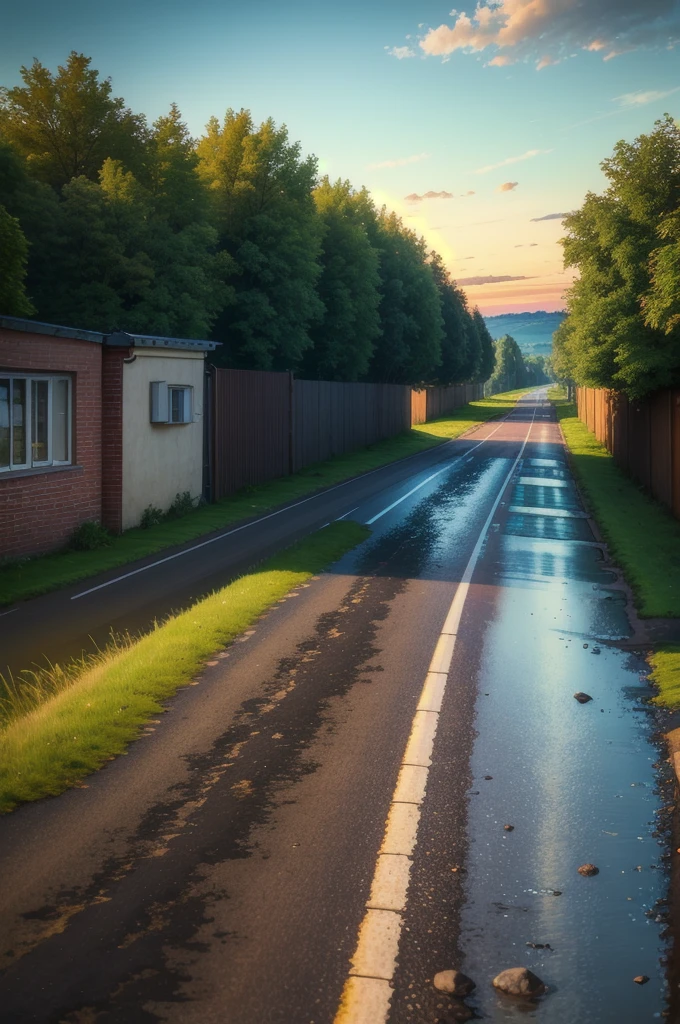 background, evening countryside, summer sky, grass, wet road surface, residential area, animation style, Masterpiece, best quality, 8K, high resolution, super fine, detailed, detailed, semi-realistic