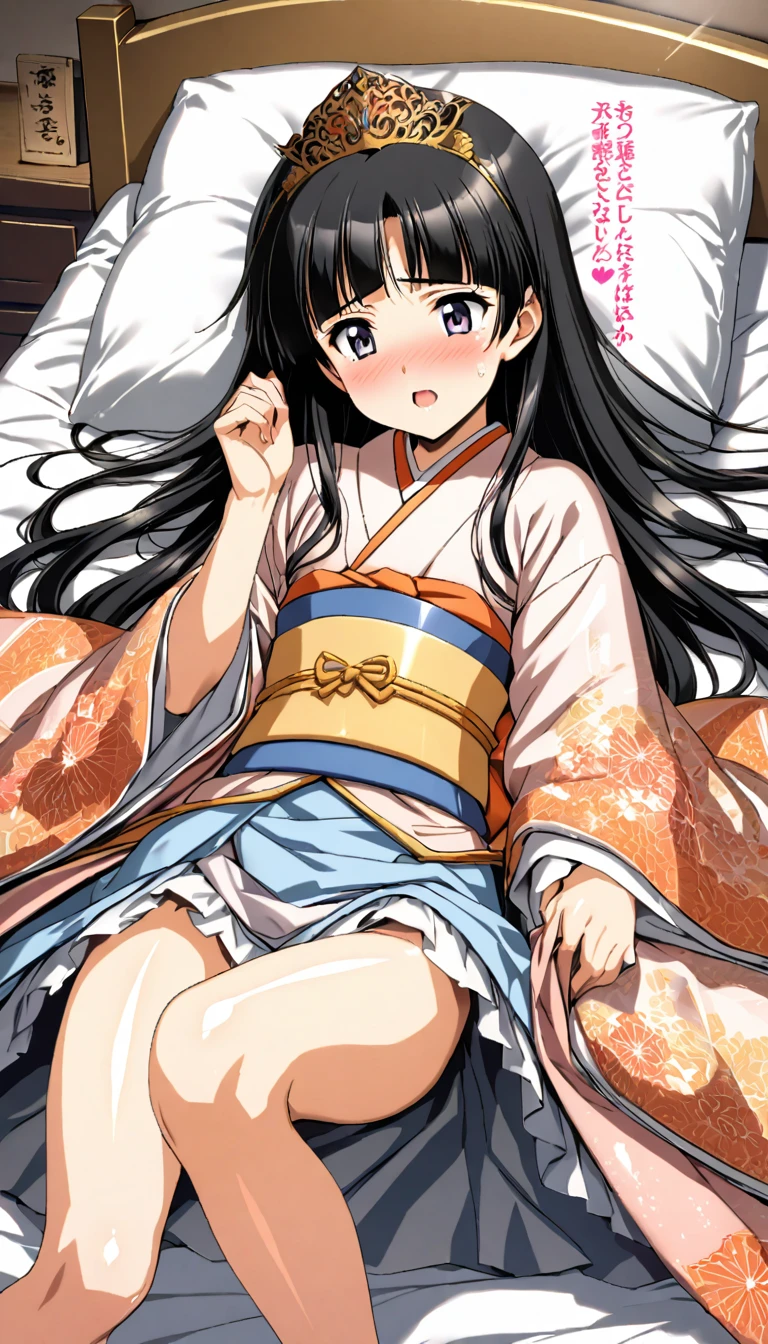 A beautiful 15-year-old princess from the Sengoku period with long black hair Gorgeous embroidery, Ultra glossy, She is wearing a shiny Edo period princess kimono..... She messes up the futon and has intense sex with the old man.