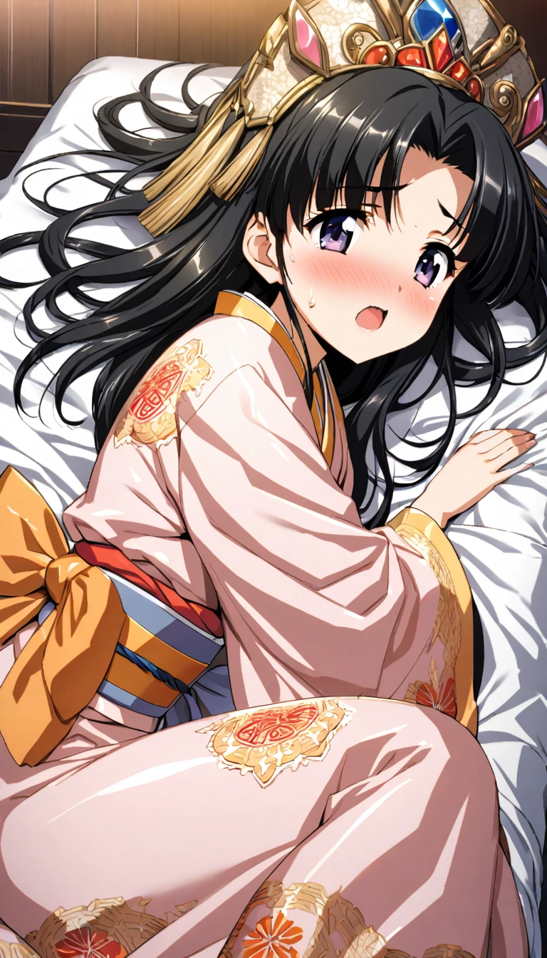 A beautiful 15-year-old princess from the Sengoku period with long black hair　Gorgeous embroidery, Ultra glossy, She is wearing a shiny Edo period princess kimono.....  She messes up the futon and has intense sex with the old man.