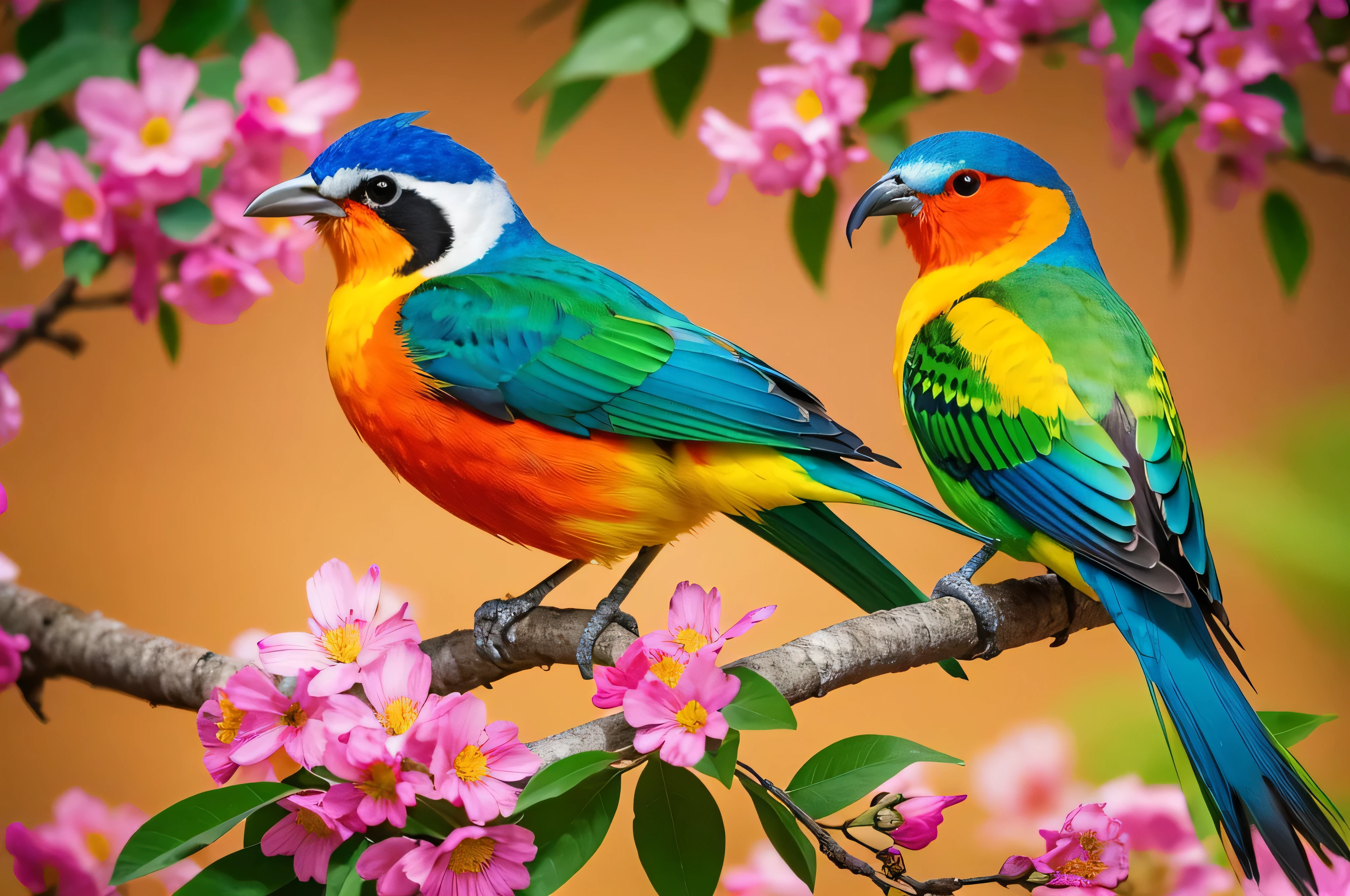 A brightly colored bird perched on a branch with leaves and flowers, Digital Art inspired by Charles Bird King, Trending on Pixabay, Digital Art, Colorful HD images, Colorful 8 k, Multicolored birds, Beautiful and colorful, Beautiful colorful, Long colorful bird, Colorful feathers, Colorful 4K, Beautiful and vibrant colors, 4k highly detailed Digital Art, Surreal Bird