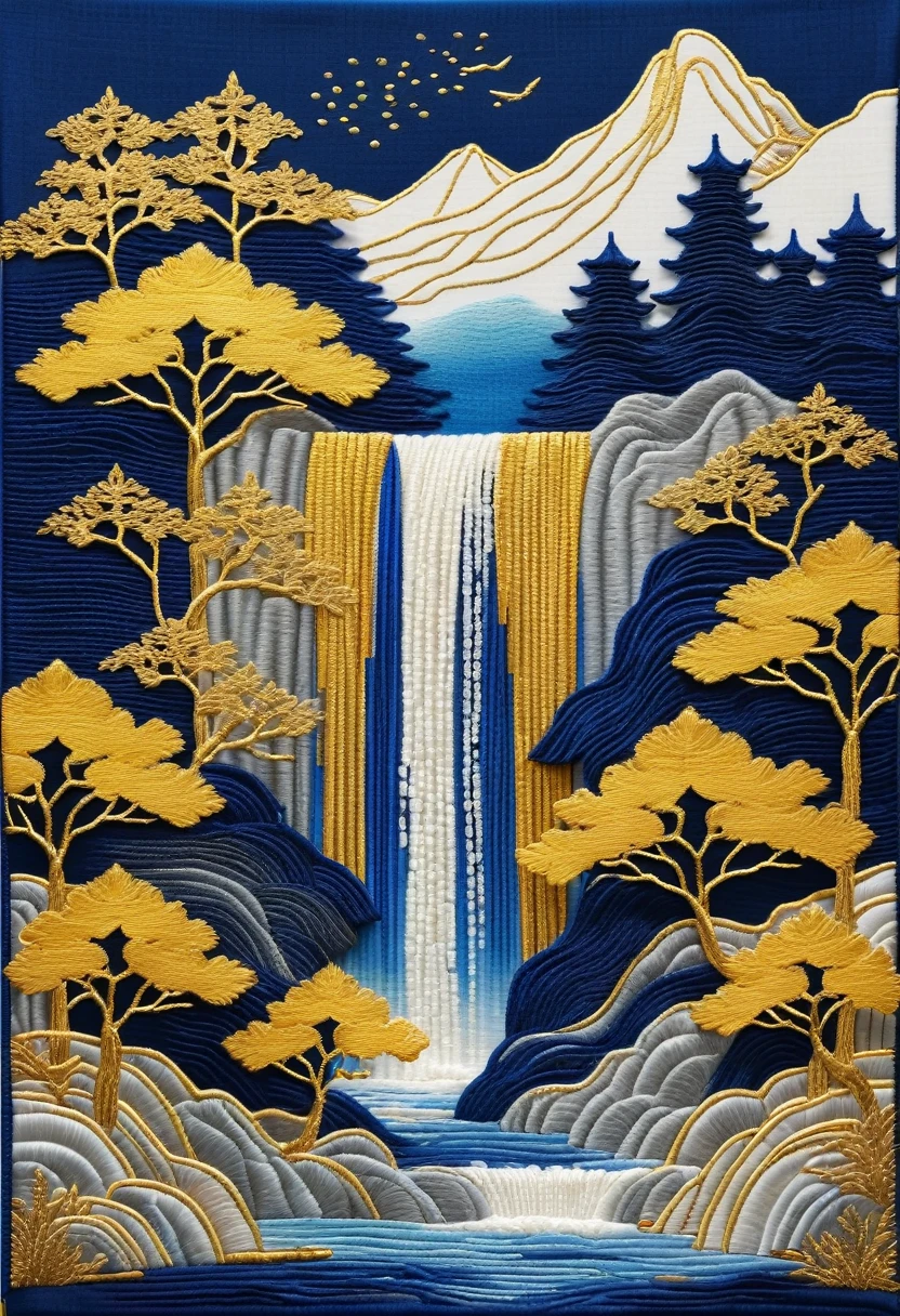 Klein Blue, Golden Blue Waterfall, Mountains, Pavilions, and Trees - Chinese Embroidery Craft, Gold Plated, Flowing Gold, Minimal Color Field, Freehand, White Space, Organic Form, Simple Blue Background