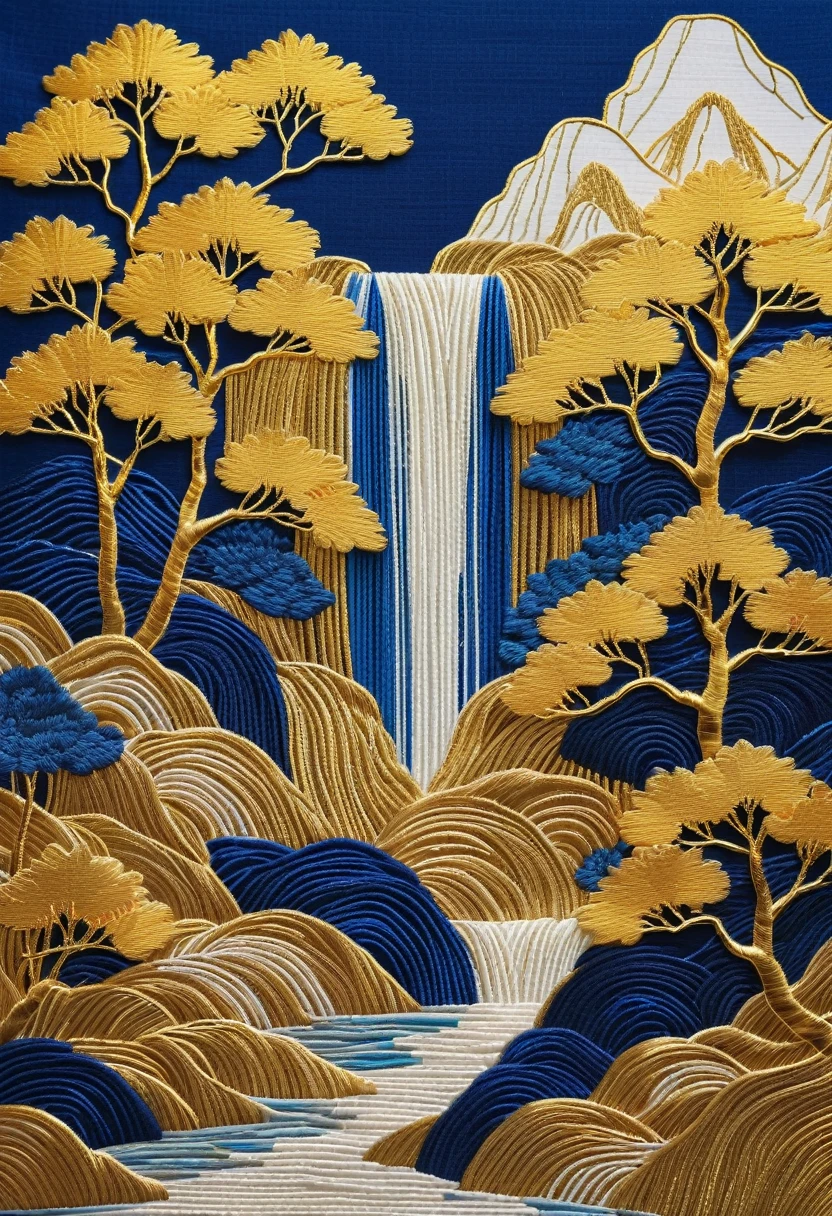 Klein Blue, Golden Blue Waterfall, Mountains, Pavilions, and Trees - Chinese Embroidery Craft, Gold Plated, Flowing Gold, Minimal Color Field, Freehand, White Space, Organic Form, Simple Blue Background