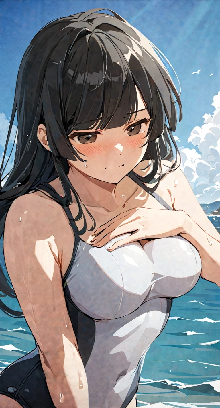 masterpiece,best quality, solo, eda, bangs, black hair, upper body,blue sky,cloud, shy expression, medium breast, hot, thicc, swimsuit , ocean, water, she is hiding her chest, she is shy, embarrassed, confused, tight swimsuit