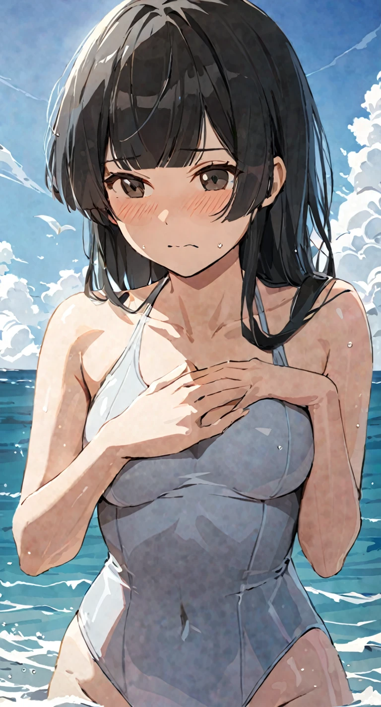 masterpiece,best quality, solo, eda, bangs, black hair, upper body,blue sky,cloud, shy expression, medium breast, hot, thicc, swimsuit , ocean, water, she is hiding her chest, she is shy, embarrassed, confused, tight swimsuit