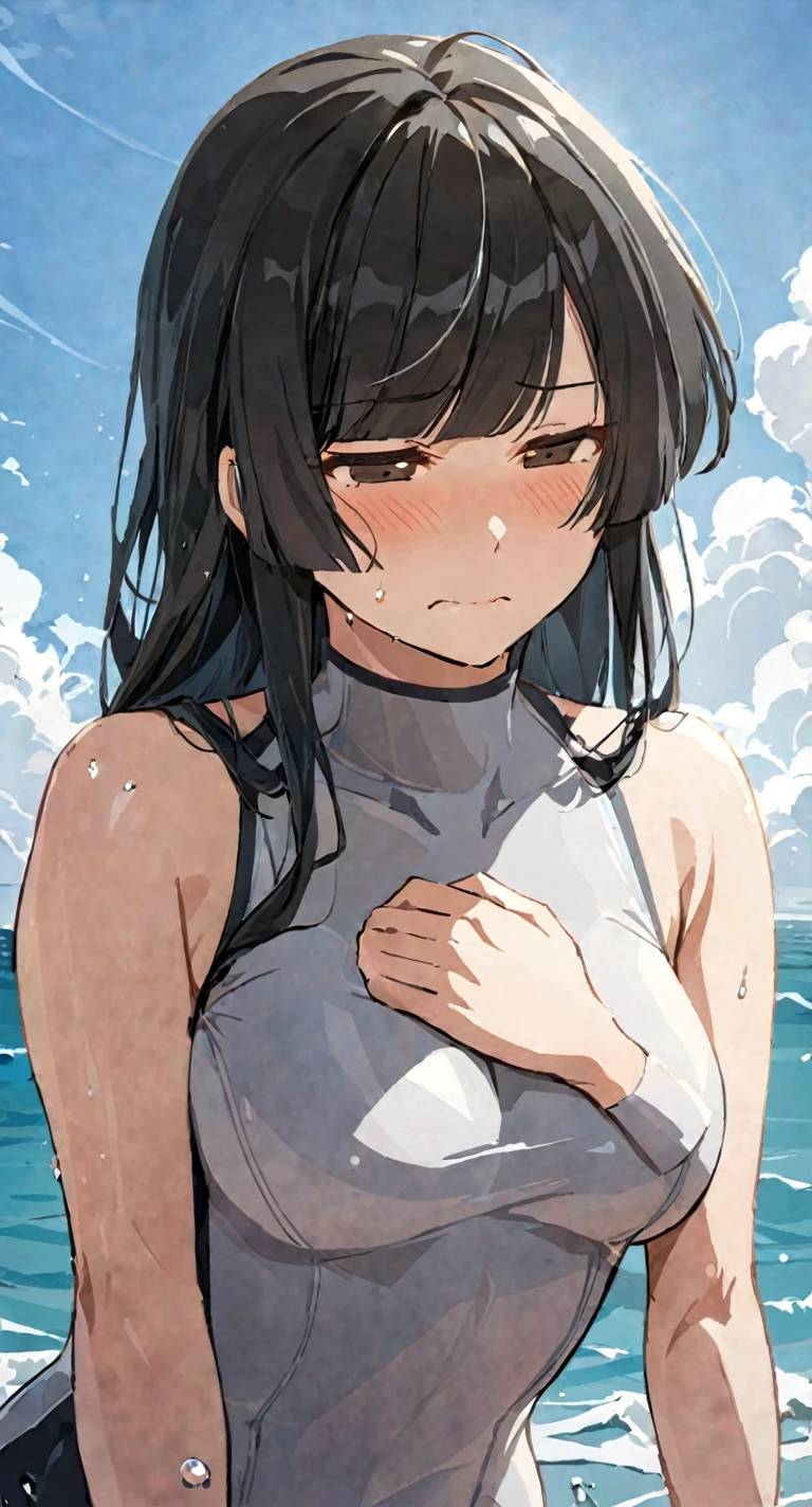 masterpiece,best quality, solo, eda, bangs, black hair, upper body,blue sky,cloud, shy expression, medium breast, hot, thicc, swimsuit , ocean, water, she is hiding her chest, she is shy, embarrassed, confused, tight swimsuit