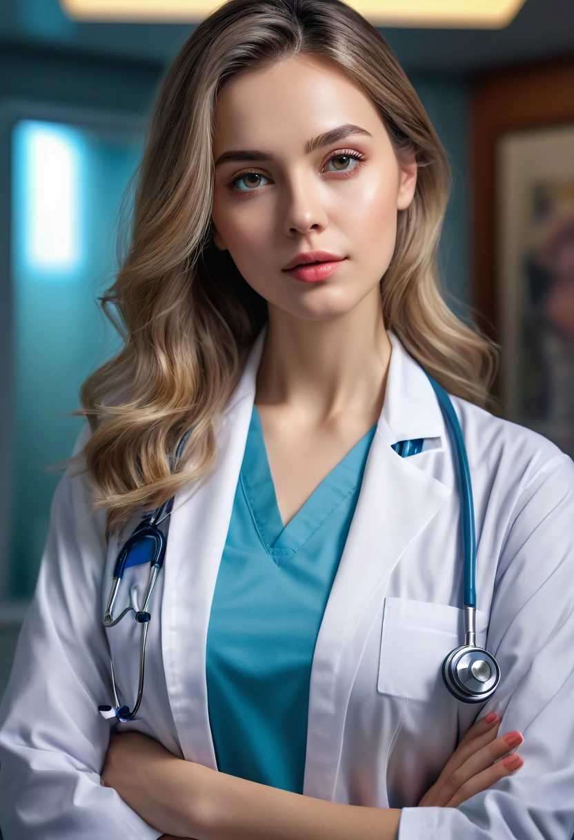 16, girlish, document type half body image, (The best quality, 4k, 8k, A high resolution, Masterpiece:1.2), ultra detailed, (realist, fotorrealist, fotorrealist:1.37), Portrait, vivid colors, dramatic lighting, with doctor&#39;s glasses,