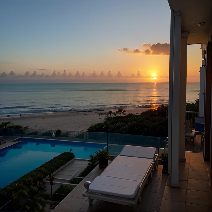 Ocean view from hotel room,sunset,sunbeds