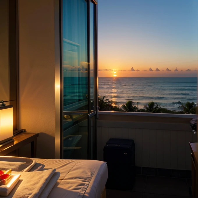 Ocean view from hotel room,sunset,sunbeds