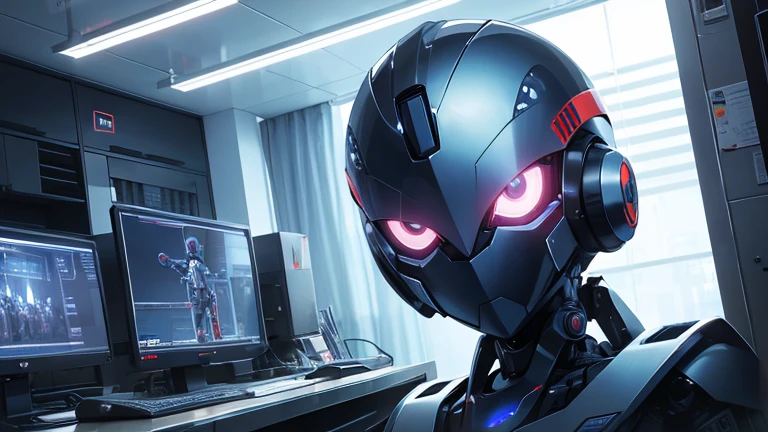 ultron, solo, overhead shot, seated, contemplative, command center, monitors, control room, AI, strategy, intricate details, masterpiece, absurdres, best quality <lora:ultronPrime-000020:0.8>