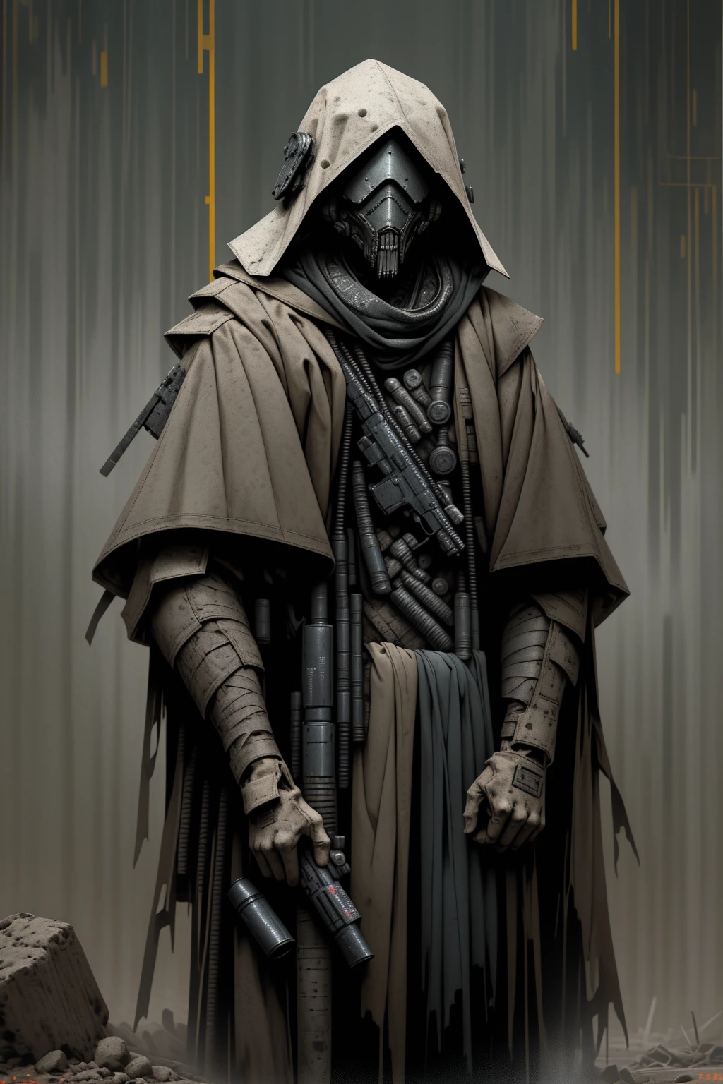 a man wearing modern military grade armor, gear belt full of gun magazines, a tattered hood over his head, wearing a plague doctor mask, a futuristic and hastily repaired semi-automatic rifle strapped over his back, a regular built body, wearing a messy black cloak, bandage wraps around his arms, side profile, sunset, very detailed plague doctor mask over his face, standing amidst a sunset, cinematic side view, sunset in the background, post apocalypse, is a burn victim, wearing a scav outfit from escape from tarkov, survivor, scavenger, mercenary, gun strapped (behind) his back, very dark green camo attire