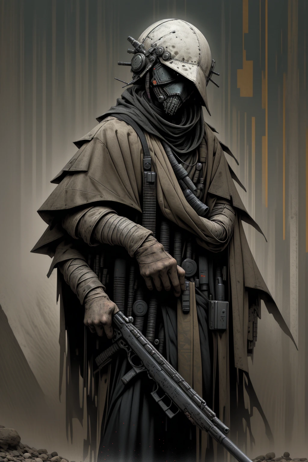 a man wearing modern military grade armor, gear belt full of gun magazines, a tattered hood over his head, wearing a plague doctor mask, a futuristic and hastily repaired semi-automatic rifle strapped over his back, a regular built body, wearing a messy black cloak, bandage wraps around his arms, side profile, sunset, very detailed plague doctor mask over his face, standing amidst a sunset, cinematic side view, sunset in the background, post apocalypse, is a burn victim, wearing a scav outfit from escape from tarkov, survivor, scavenger, mercenary, gun strapped (behind) his back, very dark green camo attire