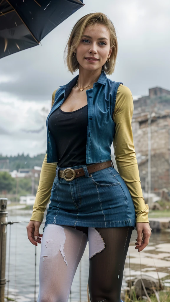 best quality, highres, and18, 1girl, android 18, solo girl, 1girl, blonde hair, blue eyes, belt, tight blue demin skirt, gold_necklace, black shirt, short hair, long striped sleeves, earrings, open vest, denim vest, medium breasts, cowboy shot, mountains, straight-on, (weather: raining and windy), wet body, sexy smile, combat stance, full length pantyhose, battle ruins, wide hips, thick legs, torn clothes, closed fists,
