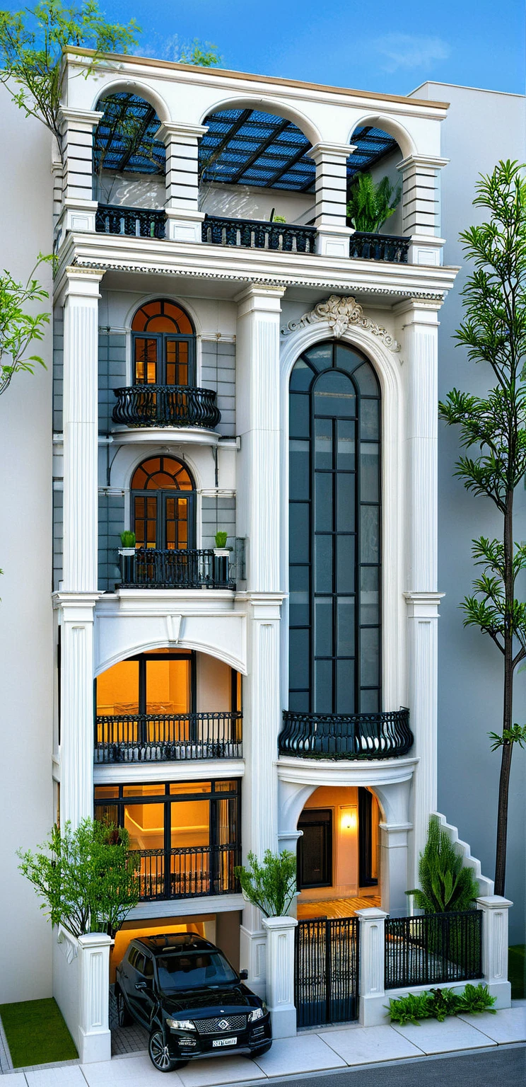 Masterpiece, high quality, best quality, authentic, super detail, outdoors, onestoreyvillaXL, aiaigroup, house style modern on the street ,stairs, white wall ,road,pavement, grass, trees, sky, cloud, (daylight:1.1)