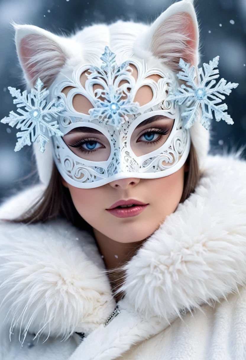 Ice Queen Kitty: Girl in winter white fur coat wearing a crystalline cat mask made of intricate snowflakes and icicles
