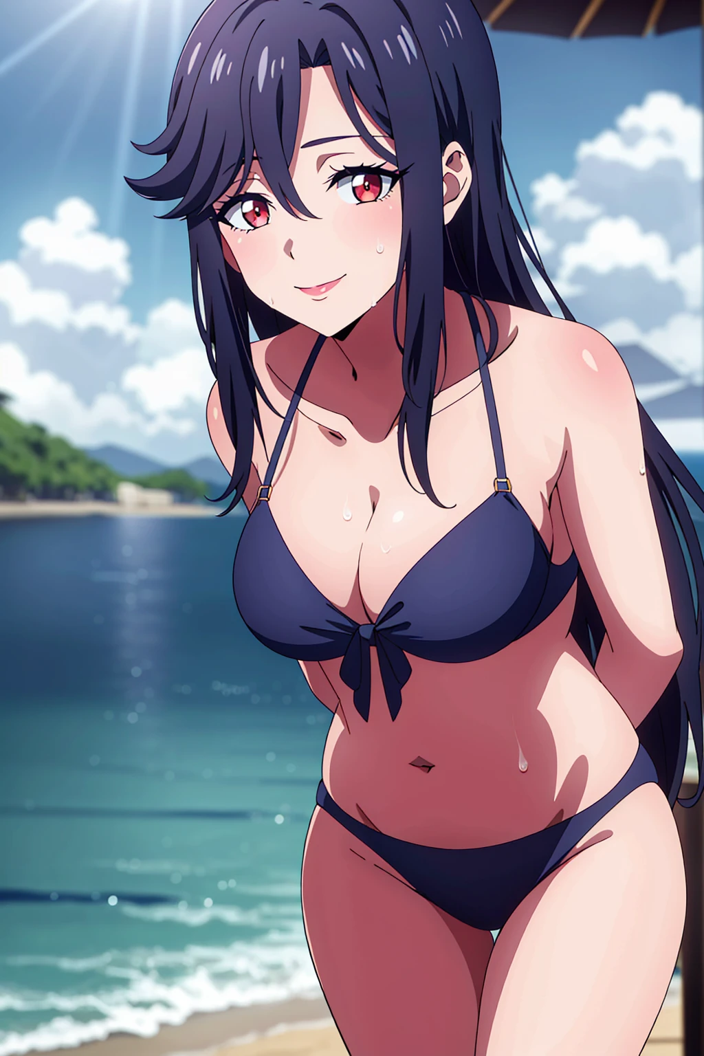 masterpiece, perfect lighting, (beautiful, best quality:1.3), perfect eyes, absurdres, 8k, outdoor,1girl, solo, (absurdres), finely detail, long hair, saori_ohtori, black hair, , red eyes, smile, hair between eyes, medium breasts, long legs,Smiling, looking at the viewer, blue theme, blue background, cloudy sky, sunlight, sweat, orgasmic, bikini swimsuit, large breasts, cleavage, belly button exposed, collarbone, thighs, sea and beach,