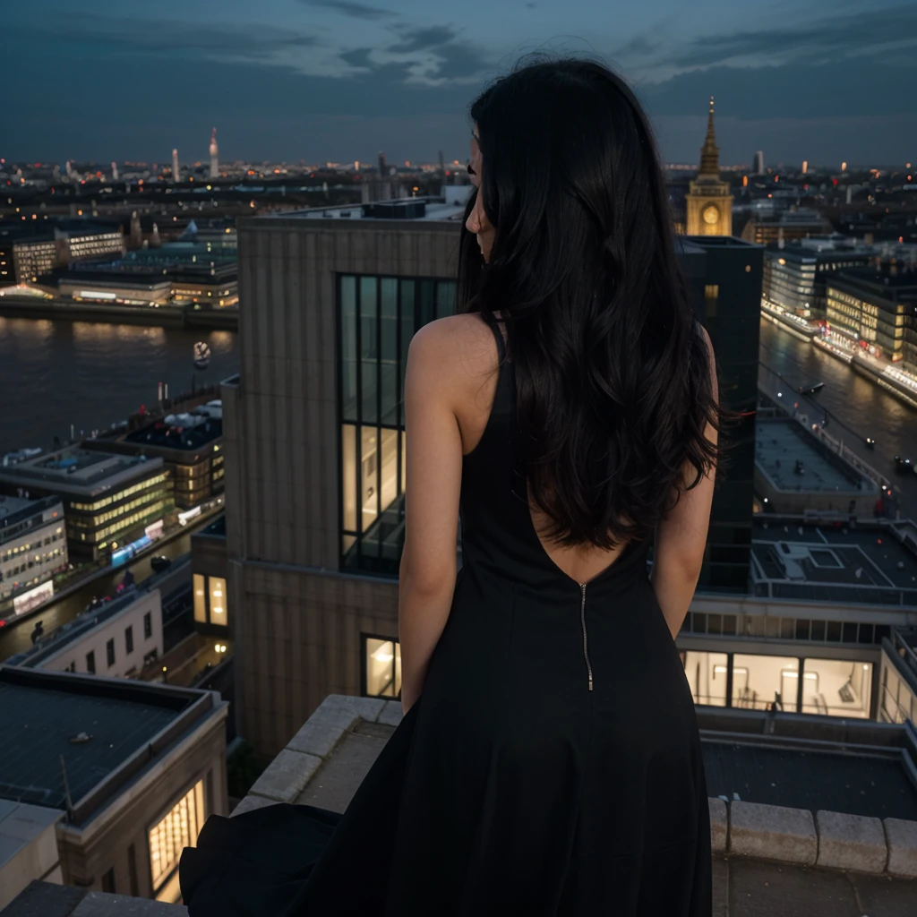 a girl with messy long black hair facing his back wearing a black elegant dress on top of the building overlooking london at night