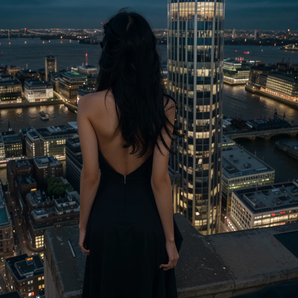 a girl with messy long black hair facing his back wearing a black elegant dress on top of the building overlooking london at night