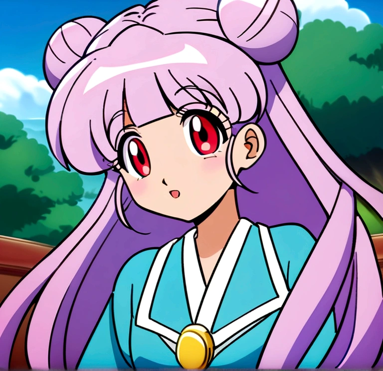 Shampoo (shampoo) One girl Purple-blue hair Double buns Waist-length hair With bangs Big red eyes anime style 90s Anime style face ranma 1/2 best quality, detailed skin