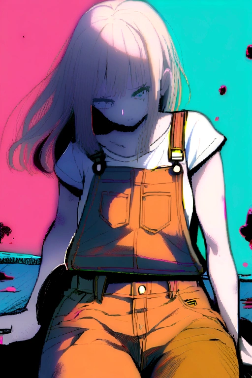 girl shit in her overalls. Her overalls is messy and dirty with shit.

