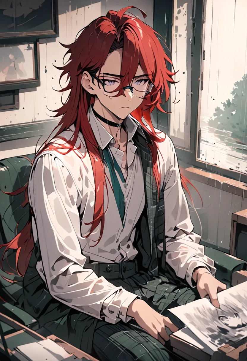 ((4k, masterpiece, best quality)) dark green plaid blazer, white shirt, black choker, beautiful young man, solo, red hair, long hair, waist-length hair, long bangs, glasses, purple eyes, sharp eyes, sitting, monotone room, rainy day, high quality, amount of drawing, pixiv illustration, manhwa style