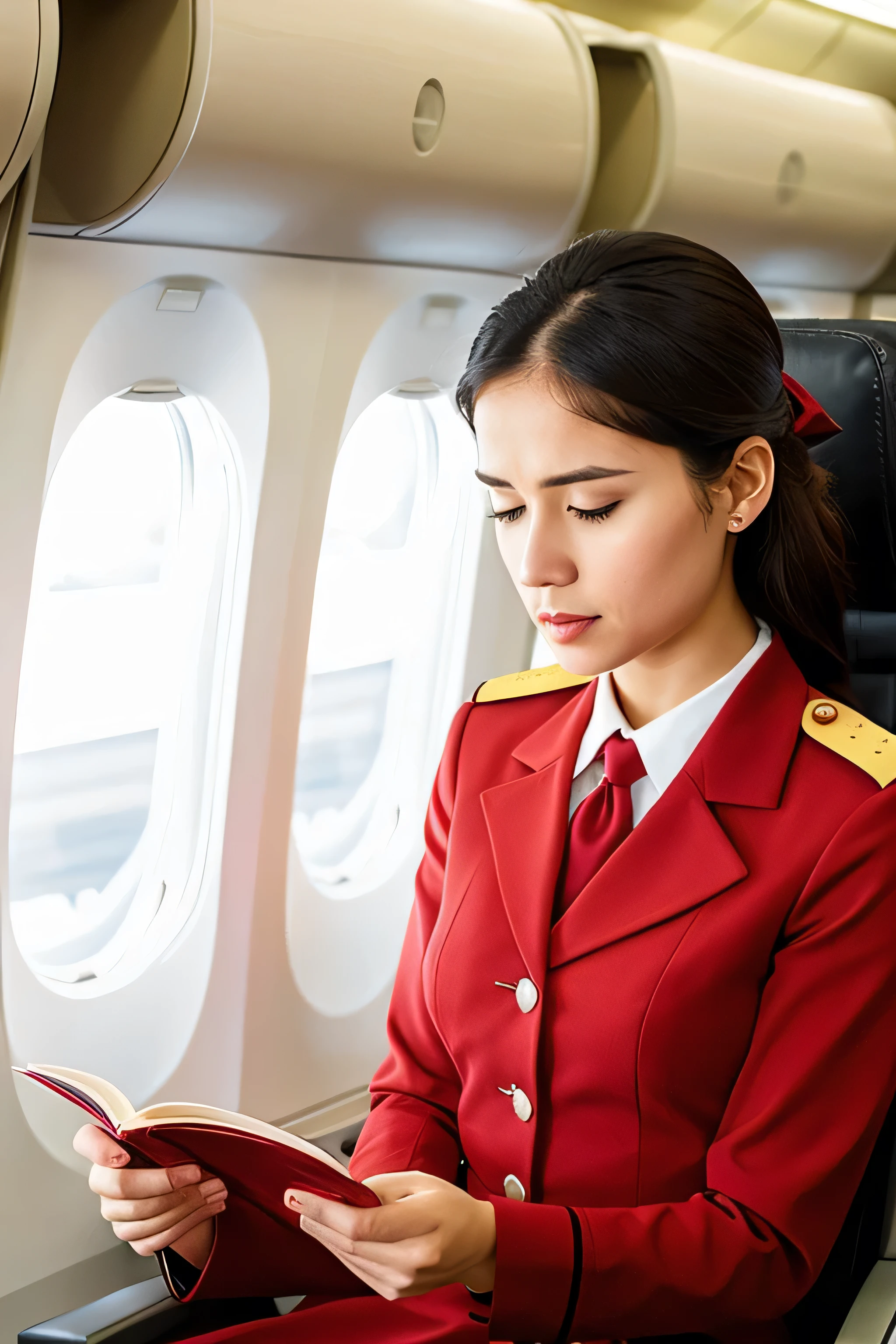Sad Female airhostess wearing red uniform is worried and reading folded single page/note