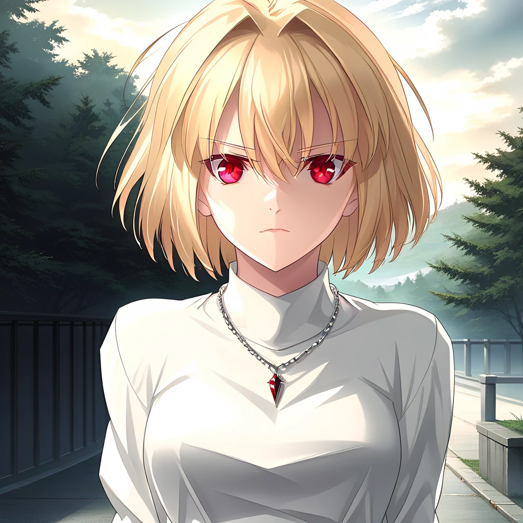 masterpiece,best quality,Arcueid,ruby eyes, ruby eyes,short hair,1girl, white sweater, solo,looking at viewer, black skirt,hair between eyes,breasts,outdoors, chain necklace, full body, fang, angry, black tights, long nails