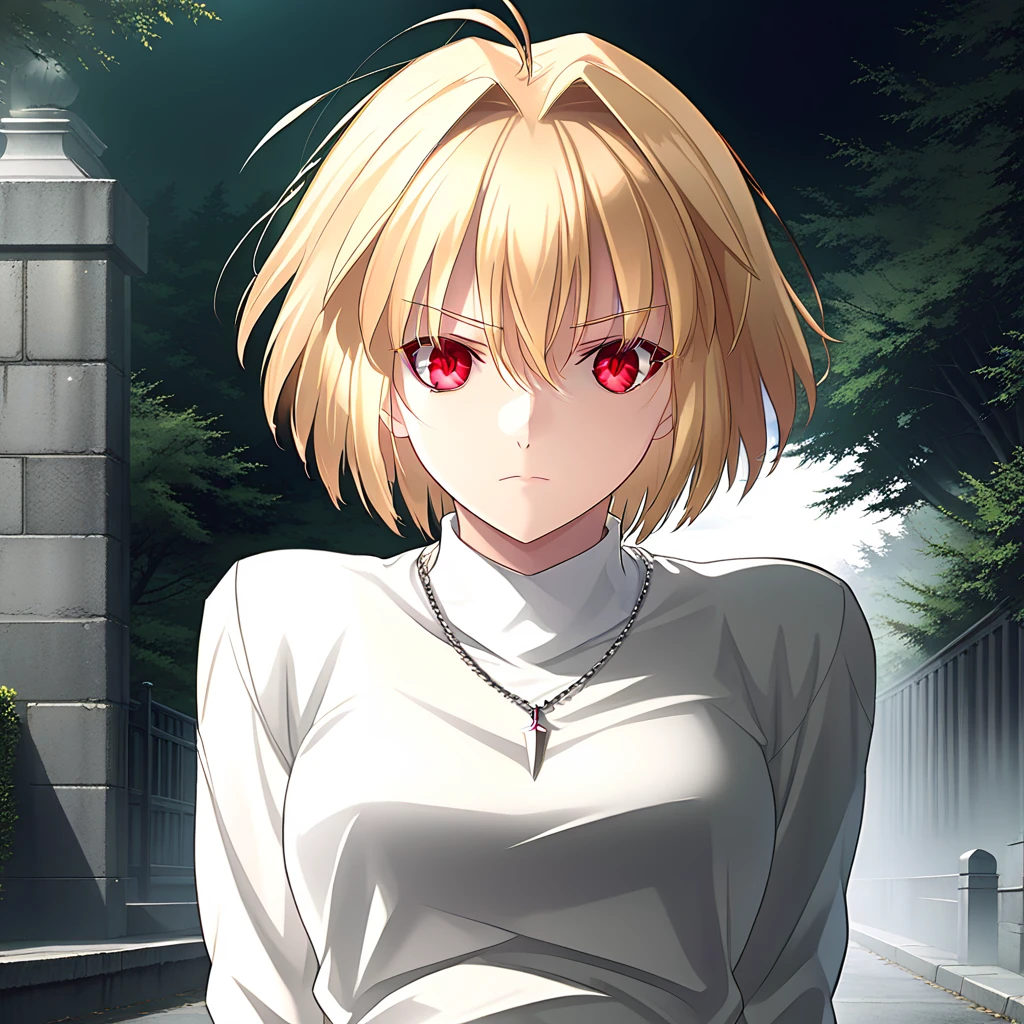 masterpiece,best quality,Arcueid,ruby eyes, ruby eyes,short hair,1girl, white sweater, solo,looking at viewer, black skirt,hair between eyes,breasts,outdoors, chain necklace, full body, fang, angry, black tights, long nails