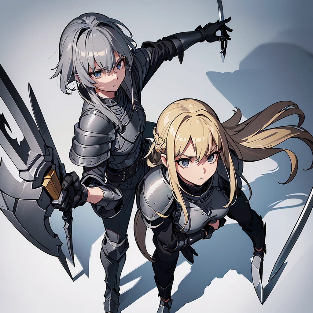 Best illustrations、Best Quality、(Full body character concept、detailed)、(((Simple grey armor、Black trousers、Black gloves))、(woman、18-year-old)、(Blonde、Long Hair)、(((Grab the sword、Get Ready)))、(From above at an angle)、(White background)