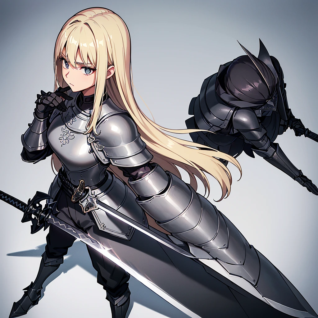 Best illustrations、Best Quality、(Full body character concept、detailed)、(((Simple grey armor、Black trousers、Black gloves))、(woman、18-year-old)、(Blonde、Long Hair)、(((Grab the sword、Get Ready)))、(From above at an angle)、(White background)