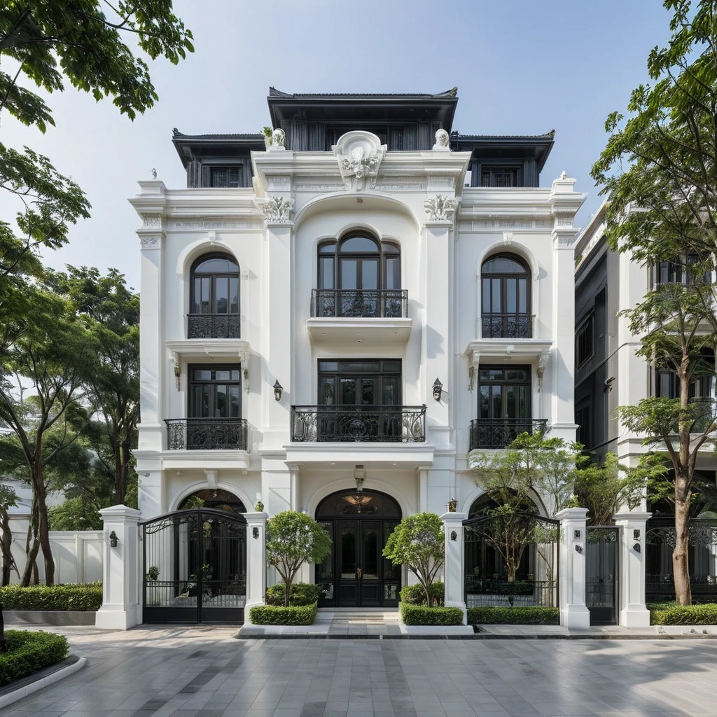 RAW photo,Exterior neo classic house, Inspired by French architecture, neo classic style, black and white, ((Highly detailed sculpted cornices at the tops of columns and walls)), French style roof, townhouse in residential area, The building is located in an urban area of Hanoi Vietnam, mix white and black steel facade, facing the road, (sidewalks), (sidewalk trees), (gate), (ultra realistic), (super high details:1.5), clean white sky, natural lighting, (curvilinear architecture:1.2), (sharpen:1.2), 8k uhd, dslr, soft lighting, high quality, film grain, Fujifilm XT3