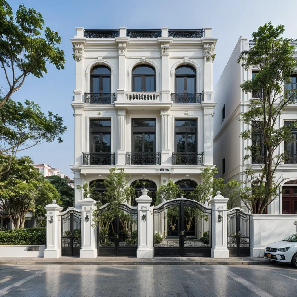 RAW photo,Exterior neo classic house, Inspired by French architecture, neo classic style, black and white, ((Highly detailed sculpted cornices at the tops of columns and walls)), French style roof, townhouse in residential area, The building is located in an urban area of Hanoi Vietnam, mix white and black steel facade, facing the road, (sidewalks), (sidewalk trees), (gate), (ultra realistic), (super high details:1.5), clean white sky, natural lighting, (curvilinear architecture:1.2), (sharpen:1.2), 8k uhd, dslr, soft lighting, high quality, film grain, Fujifilm XT3