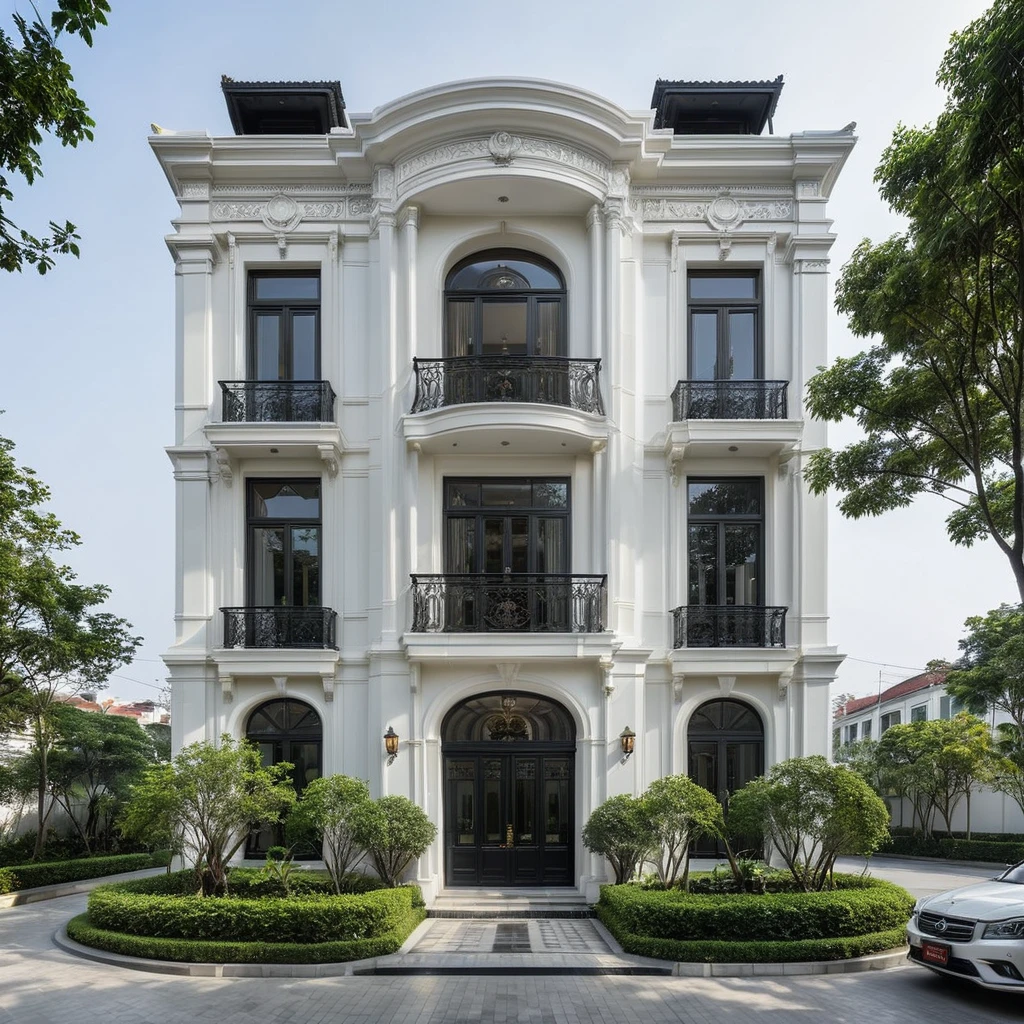 RAW photo,Exterior neo classic house, Inspired by French architecture, neo classic style, black and white, ((Highly detailed sculpted cornices at the tops of columns and walls)), French style roof, townhouse in residential area, The building is located in an urban area of Hanoi Vietnam, mix white and black steel facade, facing the road, (sidewalks), (sidewalk trees), (gate), (ultra realistic), (super high details:1.5), clean white sky, natural lighting, (curvilinear architecture:1.2), (sharpen:1.2), 8k uhd, dslr, soft lighting, high quality, film grain, Fujifilm XT3