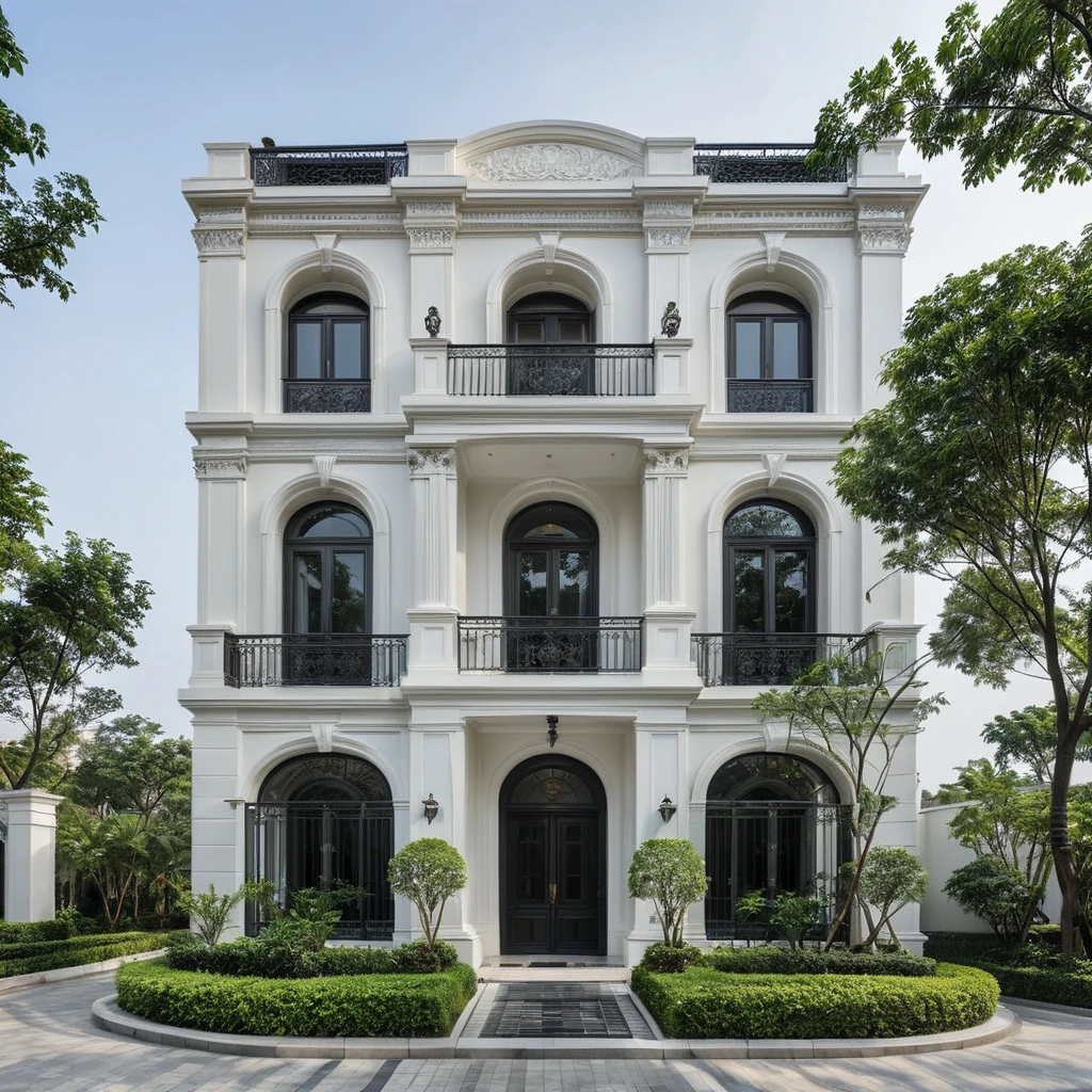 RAW photo,Exterior neo classic house, Inspired by French architecture, neo classic style, black and white, ((Highly detailed sculpted cornices at the tops of columns and walls)), French style roof, townhouse in residential area, The building is located in an urban area of Hanoi Vietnam, mix white and black steel facade, facing the road, (sidewalks), (sidewalk trees), (gate), (ultra realistic), (super high details:1.5), clean white sky, natural lighting, (curvilinear architecture:1.2), (sharpen:1.2), 8k uhd, dslr, soft lighting, high quality, film grain, Fujifilm XT3