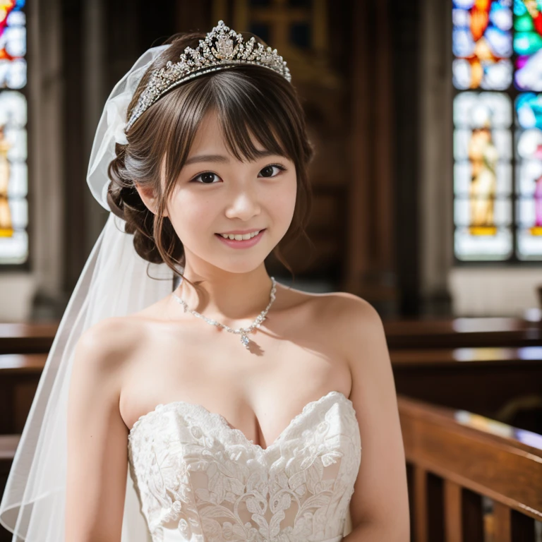 (Tabletop、Highest quality、8K、Extremely detailed and intricately detailed、The most complex and detailed textures、Ultra high definition)、One very young bride, aged 12、The most gorgeous wedding dresses、Wedding Lace、The ultimate giant tiara、Highest qualityの巨大ネックレス、The most luxurious and luxurious decoration、The most luxurious church wedding、majestic and beautiful church、Intricate and gorgeous stained glass、Upper body photo、The best smile you ever had when you saw me、The most lavish wedding