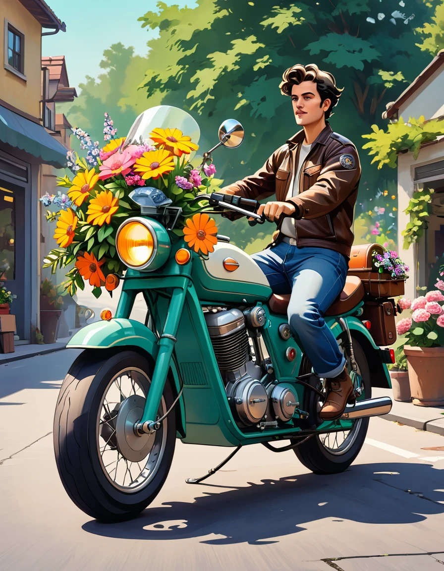 A retro electric motorcycle loaded with flowers, Works of&#39;high quality art created by master artists， best quality, detailed details