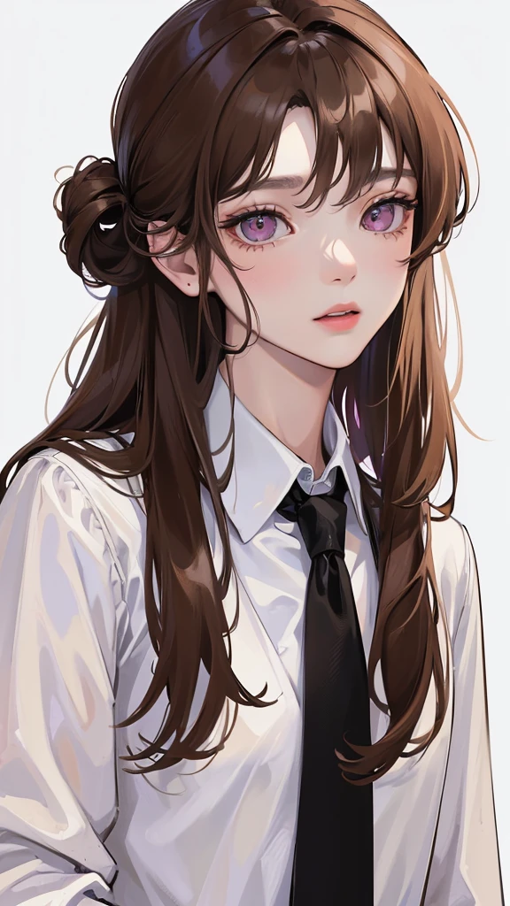 (Top resolution、Distinct_image)top-quality、femele、masterpiece、highly detailed、Semi-realistic、pink eyes、18year old、young、Exquisite facial features、Facial features、unique hairstyle, variations, potrait, white background, light brown hair, wear white oversized shirt, wear black necktie