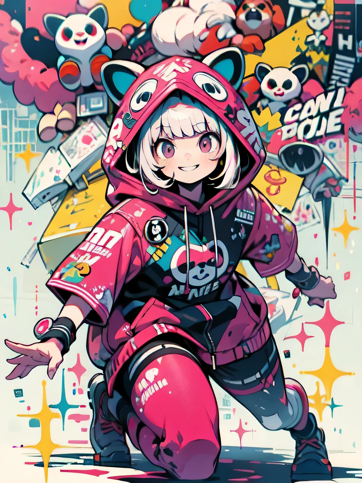 solo,fullbody,(looking away),(blunt bangs), smile,pink red panda hoodie,(happy punch action),grin, graffiti,