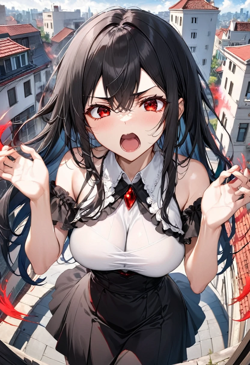 (from above and high angle), (Throw both hands up into the sky, looking at the sky), (solo:2, 18 yo, straight black hair long hair angry dominance girl, angry red eyes, open mouth, big tits), in a formal dress with Red aura:1.4), break, in the rooftop, (background red aura:1.4)BREAK, perfect anatomy, masterpiece, best quality, 16k, beautiful detailed grow, daydreaming expression.