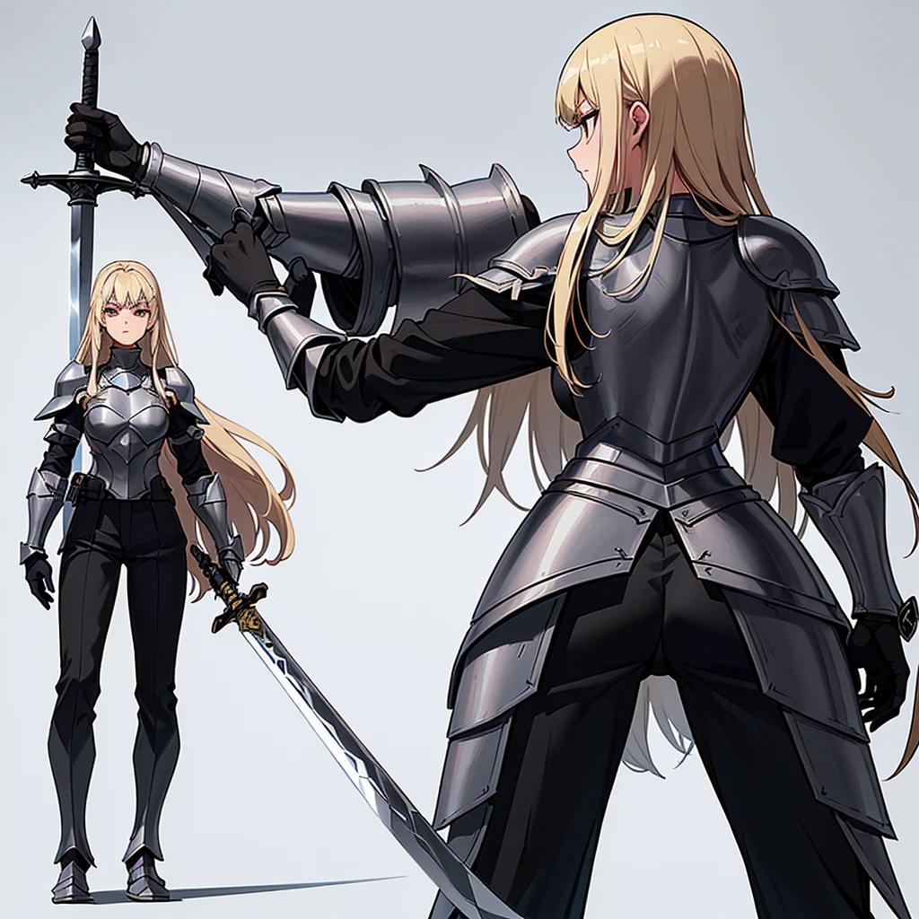 (Full body character concept、detailed)、(((Simple grey armor、Black trousers、Black gloves))、(woman、18-year-old)、(Blonde、Long Hair)、(((Grab the sword、Get Ready)))、(From the back、From below)、(White background)