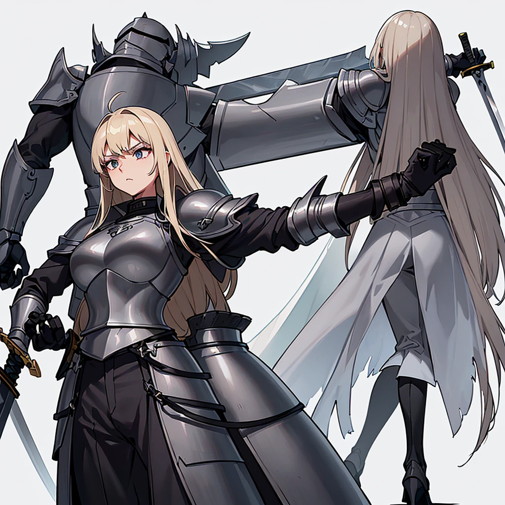 (Full body character concept、detailed)、(((Simple grey armor、Black trousers、Black gloves))、(woman、18-year-old)、(Blonde、Long Hair)、(((Grab the sword、Get Ready)))、(From the back、From below)、(White background)