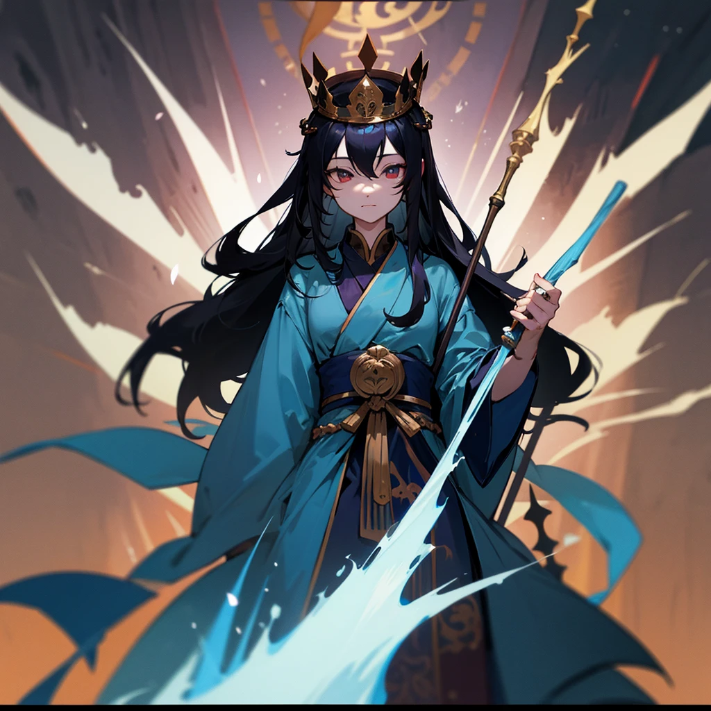 Blue robes, dark, staff, long black hair, bodhisattva crown, odd eyes