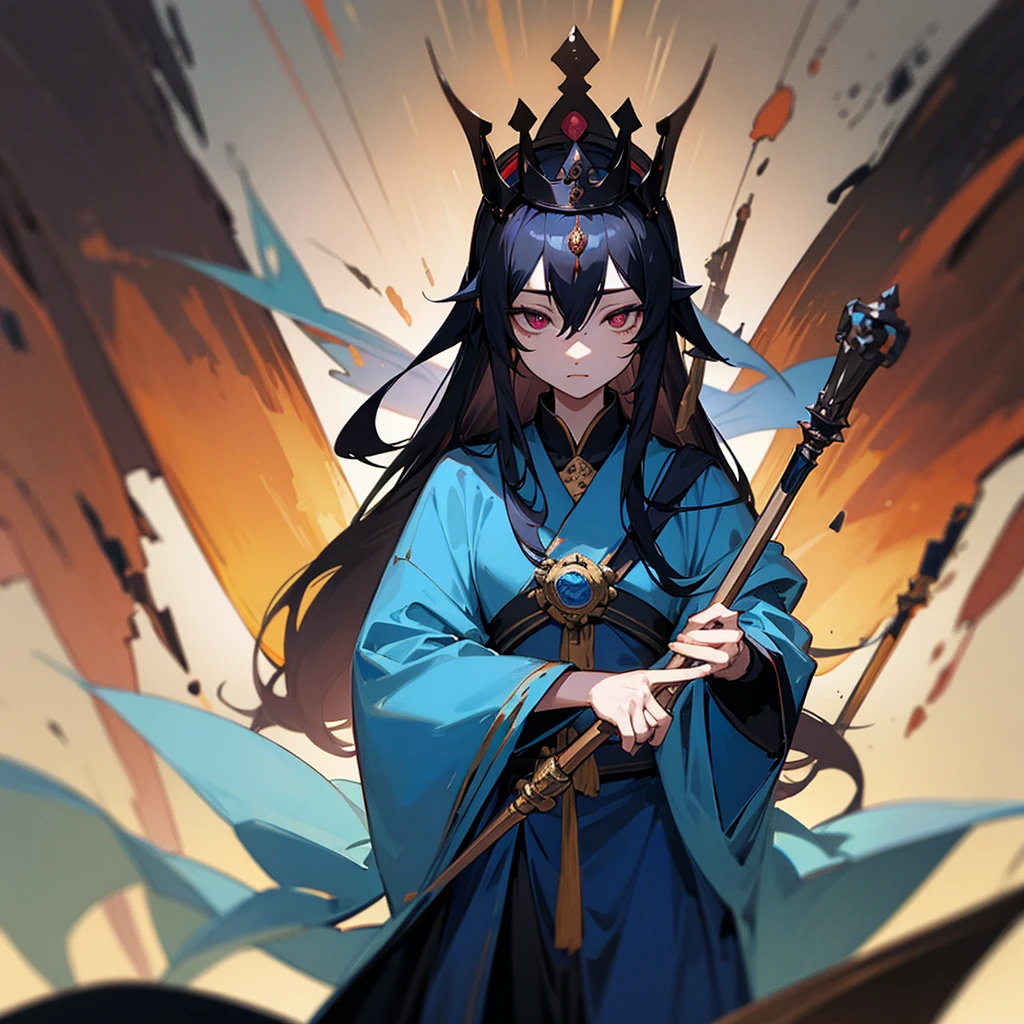 Blue robes, dark, staff, long black hair, bodhisattva crown, odd eyes