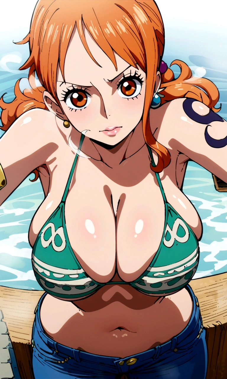 a cartoon picture of a woman in a bikini top and jeans, nami one piece, nami from one piece, nami, beautiful portrait of nami, from one piece, oppai, blue eyes, smoking, ponytail, nsfw