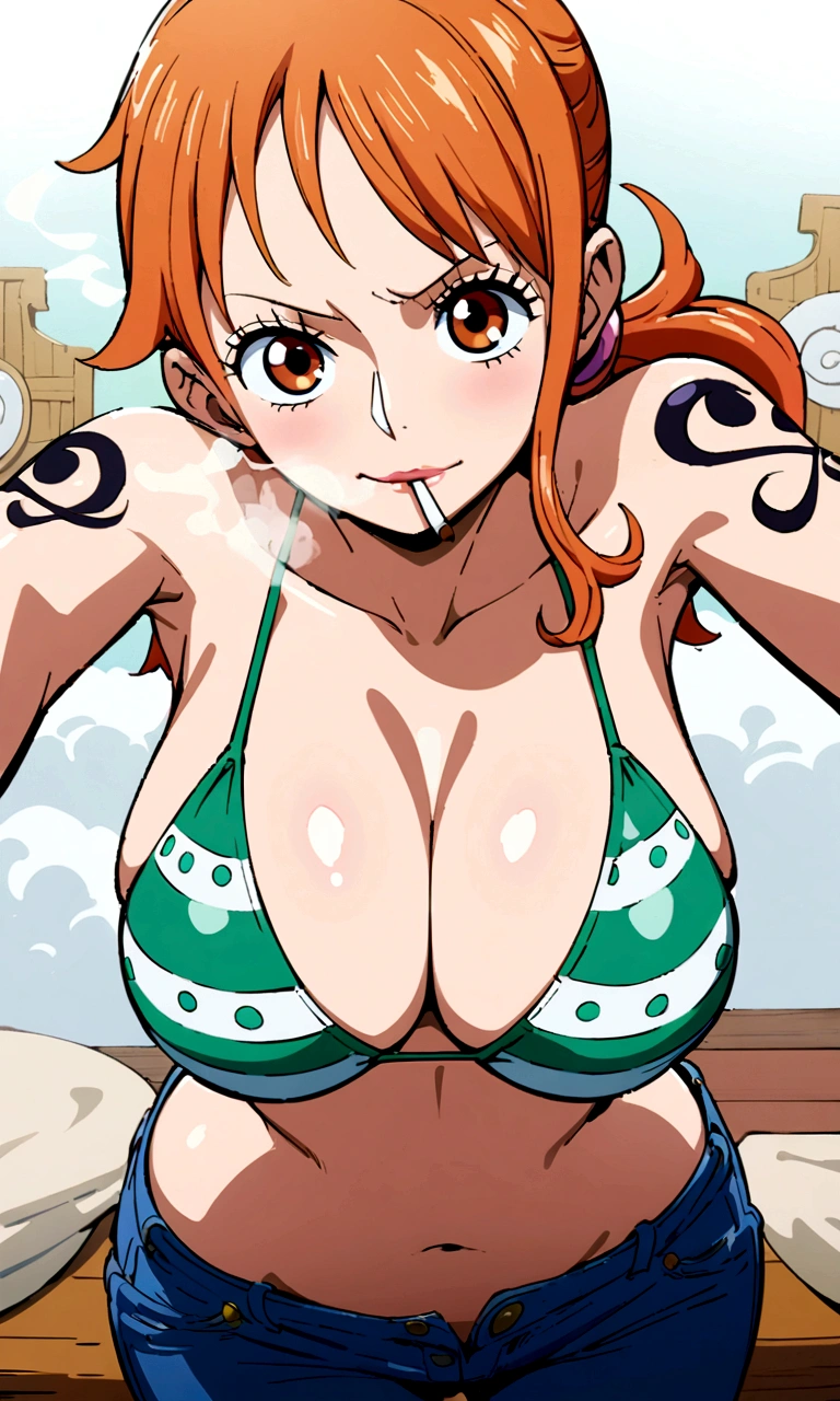 a cartoon picture of a woman in a bikini top and jeans, nami one piece, nami from one piece, nami, beautiful portrait of nami, from one piece, oppai, blue eyes, smoking, ponytail, nsfw